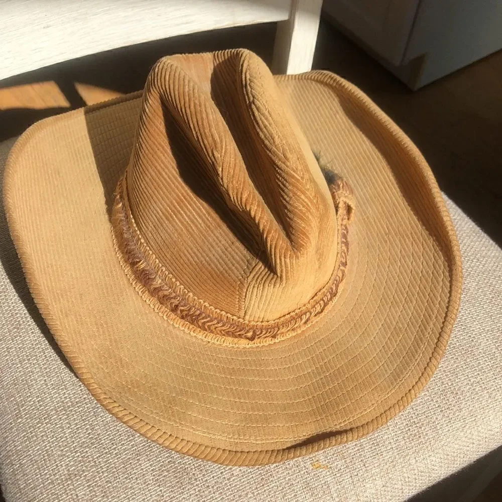 Country Gentleman’s Corduroy Wide Brim Ranch Hat in Tan Feather and braid accent